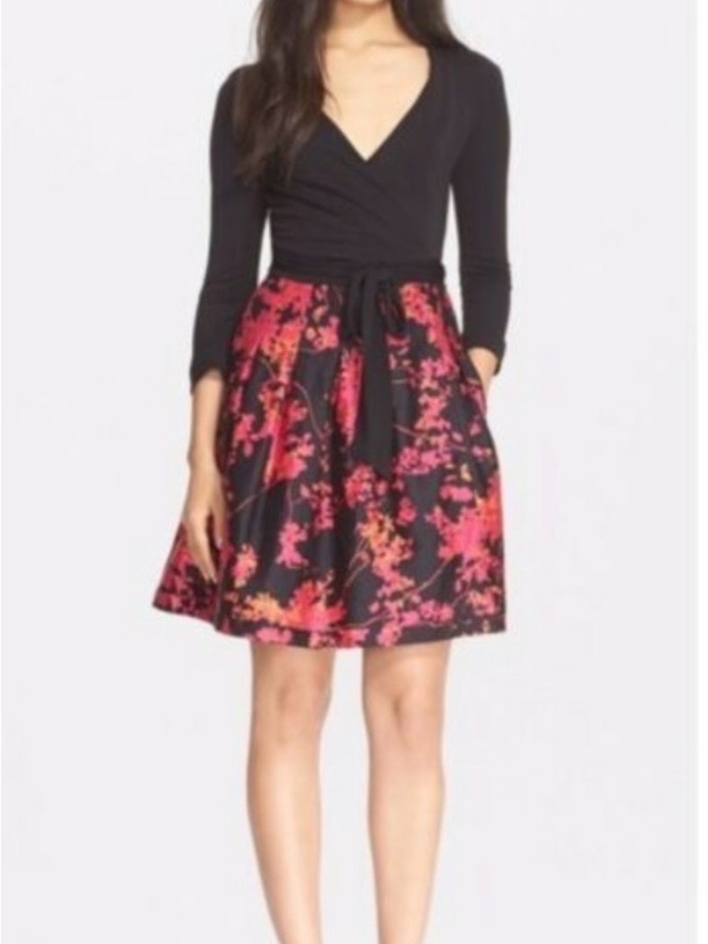Diane Von Furstenberg Silk Black Dress with Jewel Pink & Orange Floral Skirt